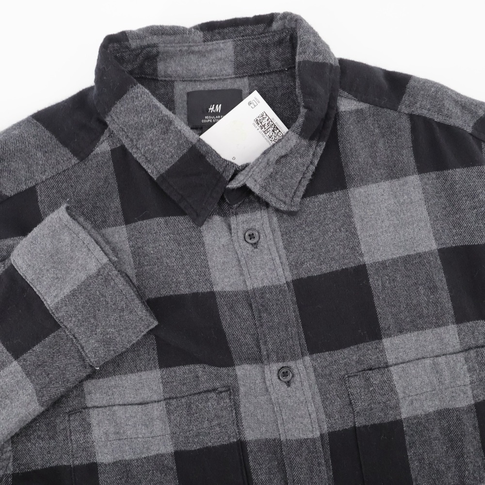 NEW H&M Regular Fit Buffalo Plaid Flannel Shirt Grey Long Sleeve Mens Large